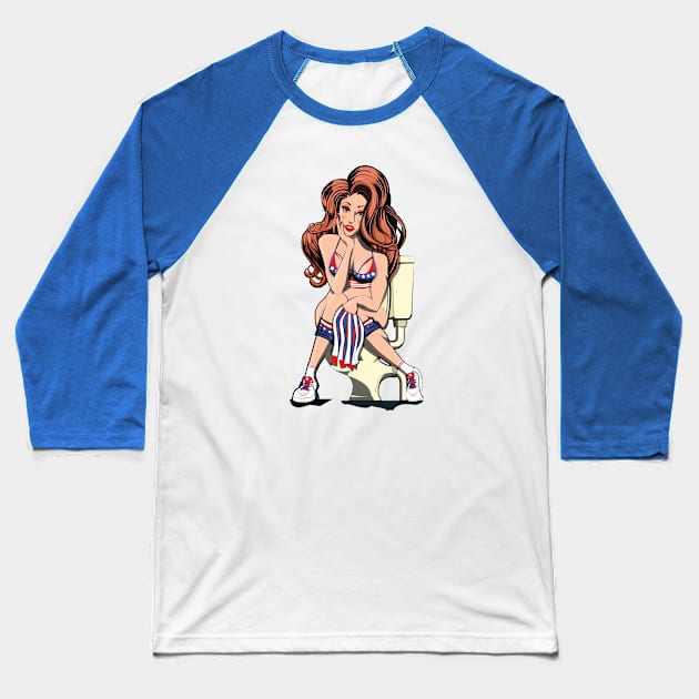 Cheerleader on the Toilet Baseball T-Shirt by InTheWashroom